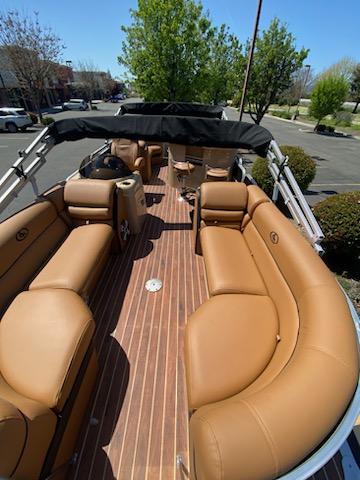 Front seating, taken outside, shows true color of interior done by James Boat and Fiberglass Repair, Dixon, CA