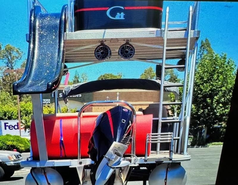 2019 Grand Island Tri Toon Pontoon after  updating transformation, rear view, by James Boat and Fiberglass Repair, Dixon, CA
