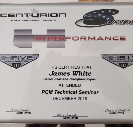 Certification for James White, of James Boat Repair for Centurion and Supreme boats