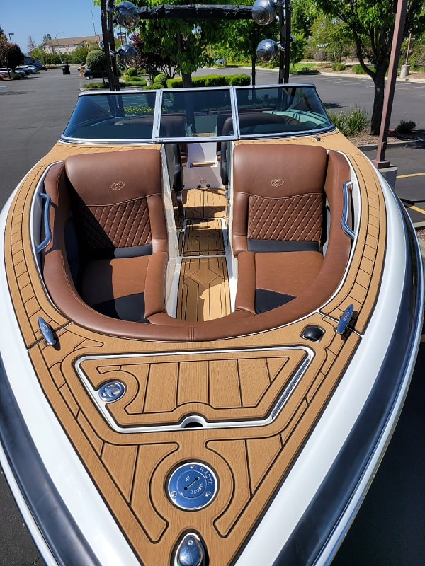 A look at the open bow of this Cobalt 262 after new upholstery and SeaDek installation