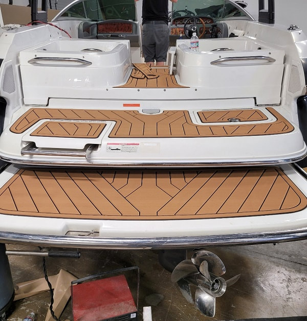 Partial progress - the new SeaDek has been installed on the twin swimdecks and now moving into the interior of the boat