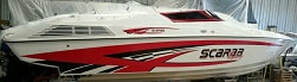New graphics on this Scarab by James Boat and Fiberglass Repair, Vacaville, CA