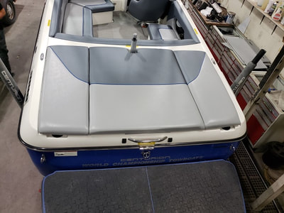 Rear deck view of new upholstery in this Ski Centurion done by James Boat Repair