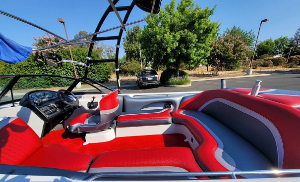 New upholstery and carpet from passenger side for this 2007 Sanger Ski boat by James Boat and Fiberglass Repair, Dixon, CA