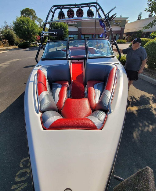 New upholstery and carpet for this 2007 Sanger Ski boat, open bow, by James Boat and Fiberglass Repair, Dixon, CA