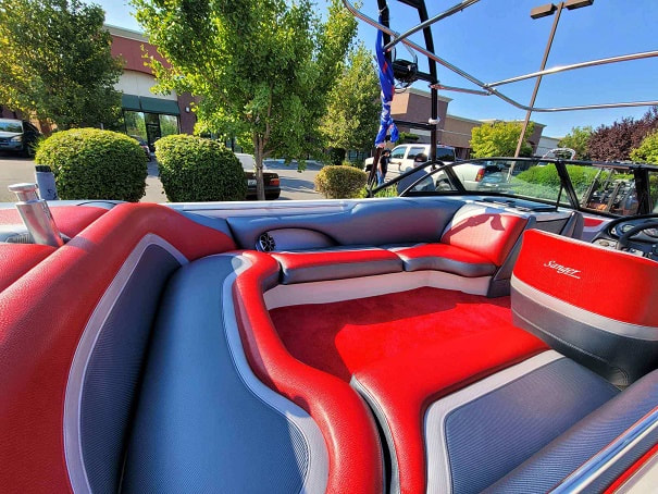 New upholstery and carpet for this 2007 Sanger Ski boat by James Boat and Fiberglass Repair, Dixon, CA