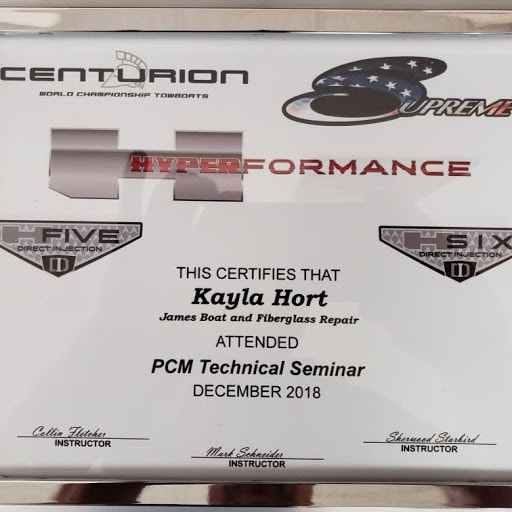 Certification for Kayla Hort of James Boat Repair for Centurion and Supreme boats