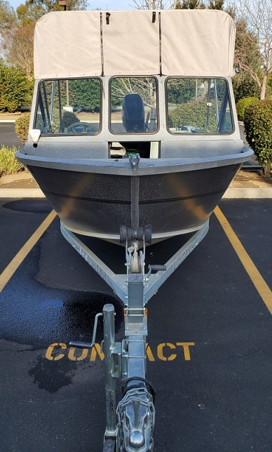 Front view of new Bimini top, custom designed by James Boat and Fiberglass Repair, Dixon, CA