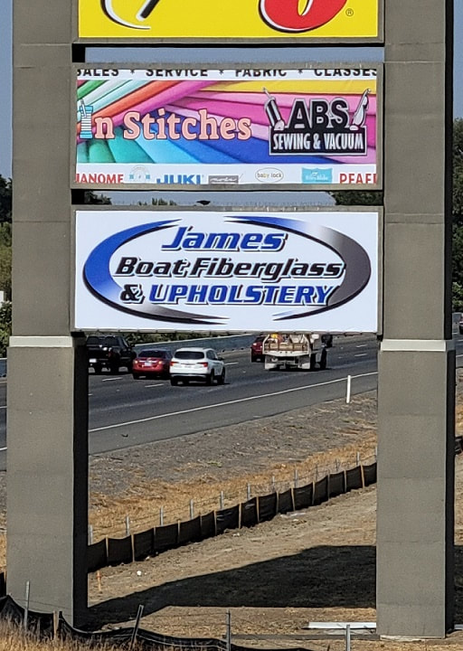Freeway sign on i-80 Eastbound for James Boat Fiberglass and Upholstery in Dixon, CA