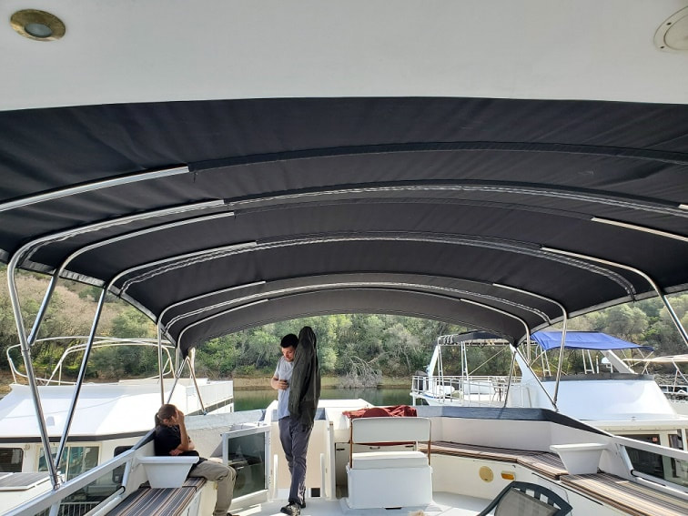 Underside of custom Bimini for this houseboat designed and constructed by James Boat and Fiberglass Repair, Dixon, CA