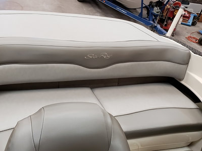 Rear seat new upholstery on this Sea Ray 190 done by James Boat Repair